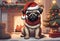 Christmas Secene. A Pug puppy dog wearing a Santa Claus hat