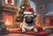 Christmas Secene. A Pug puppy dog wearing a Santa Claus hat