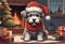 Christmas Secene. A puppy dog wearing a Santa Claus hat