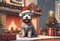 Christmas Secene. A puppy dog wearing a Santa Claus hat