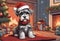 Christmas Secene. A Schnauzer puppy dog wearing a Santa Claus hat