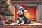 Christmas Secene. A Schnauzer puppy dog wearing a Santa Claus hat