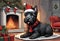 Christmas Secene. A Scottish Terrier puppy dog wearing a Santa Claus hat