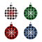 Christmas set balls with Buffalo plaid ornament in red, green, blue,  black  and snowflakes.