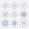 Christmas set of beautiful, fragile snowflakes of blue tint,