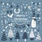 Christmas set of elements for design. Cute cozy flat style on gray blue background.