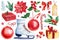 Christmas set of elements on white isolated background, ball, bow, skates, holly, poinsettia Watercolor illustration.