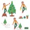 Christmas set of isolated elements of human characters and Christmas trees vector illustration: a girl prepares for the new year,