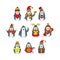 Christmas set of penguins in very peri color isolated on white background.