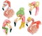 Christmas set with pink flamingo with winter decorations, watercolor illustration