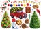Christmas set of red car, tree, light bulbs, balls, flags, bird, bow on a white background, watercolor illustration