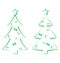 Christmas set trees with decoration, stylized hand
