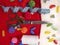 Christmas sewing still life includes fabric and craft supplies for creating festive decorations and ornaments