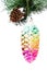 Christmas shiny colorful cone on fir branches with snow decorat