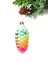 Christmas shiny colorful cone on fir branches with snow decorat