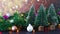 Christmas shiny decoration with blinking lights, Christmas ornaments and little pine trees