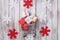 Christmas shopping background. Christmas sales. Toy supermarket trolley full of gifts. Winter shopping background. Colored