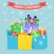 Christmas shopping bags, package with candy, lollipops, toys, fireworks isolated on background. Big sale. Pile of presents,