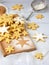 Christmas shortbread cookies in the form of snowflakes sprinkling sugar and cookie cutters. Xmas card concept