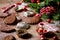Christmas shortcrust cookies chocolate crescents with fir tree, molds, xmas decorations.