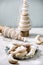 Christmas shortcrust cookies vanilla crescents with wooden decorations