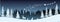 Christmas silhouette. Panorama of Santa Claus riding sleigh with deers. Winters new year landscape. Holidays background