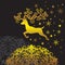 Christmas silhouette of reindeer gold snowflake pattern on isolated black background. Vector image