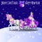 Christmas sketch with animated horse with a pink mane and hooves, sleigh filled with gift boxes and baubles. Sample of