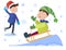 Christmas sledding kids playing winter games cartoon new year winter holiday background vector illustration.