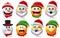Christmas smiley characters vector set. Smileys xmas character element like santa claus, snow man and elf isolated in white.