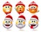 Christmas smiley characters vector set. Snowman and santa claus 3d emoji character in sick, singing, sad and naughty.