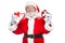 Christmas. Smiling Santa Claus in white gloves holds two red and white heart shaped gift boxes with a ribbon. The