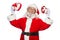 Christmas. Smiling Santa Claus in white gloves holds two red and white heart shaped gift boxes with a ribbon. The