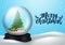 Christmas snow ball vector banner design. Merry christmas greeting text with snow globe xmas tree and gift elements.