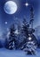 Christmas snow-covered spruce in the forest at night, snowing and the sky the moon