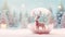 Christmas snow globe with cute deer. Winter background with magical snow globe with Christmas decorations. A wintry