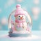 Christmas snow globe with cute snowman. Magical snow globe with Christmas decorations. A wintry scene. Pink Christmas