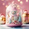 Christmas snow globe with cute snowman. Magical snow globe with Christmas decorations. A wintry scene. Pink Christmas