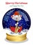 Christmas snow globe. Funny Christmas mouse plays a musical instrument and congratulates on the holidays.