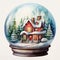 Christmas Snow Globe Illustration with Sparkling Snow, Cozy House Snowball Holiday Decoration, generative AI