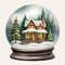 Christmas Snow Globe Illustration with Sparkling Snow, Cozy House Snowball Holiday Decoration, generative AI
