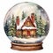 Christmas Snow Globe Illustration with Sparkling Snow, Cozy House Snowball Holiday Decoration, generative AI