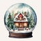 Christmas Snow Globe Illustration with Sparkling Snow, Cozy House Snowball Holiday Decoration, generative AI