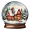 Christmas Snow Globe Illustration with Sparkling Snow, Cozy House Snowball Holiday Decoration, generative AI