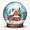 Christmas Snow Globe Illustration with Sparkling Snow, Cozy House Snowball Holiday Decoration, generative AI