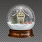 Christmas snow globe with wooden decorated house, santa claus sleigh and christmas tree