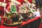 Christmas snow globes background crystal ball with santa claus and christmas tree inside