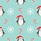 Christmas snowflake candy cane, penguin wearing red santa hat, scarf. Seamless Pattern Decoration. Wrapping paper, textile