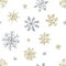 Christmas snowflake hand drawing seamless pattern on white. Like child`s drawing crayon or pencil gold and silver color snow.