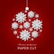 Christmas snowflakes. Paper cut ice winter white crystals in shape of christmas tree toy on red. Vector abstract origami